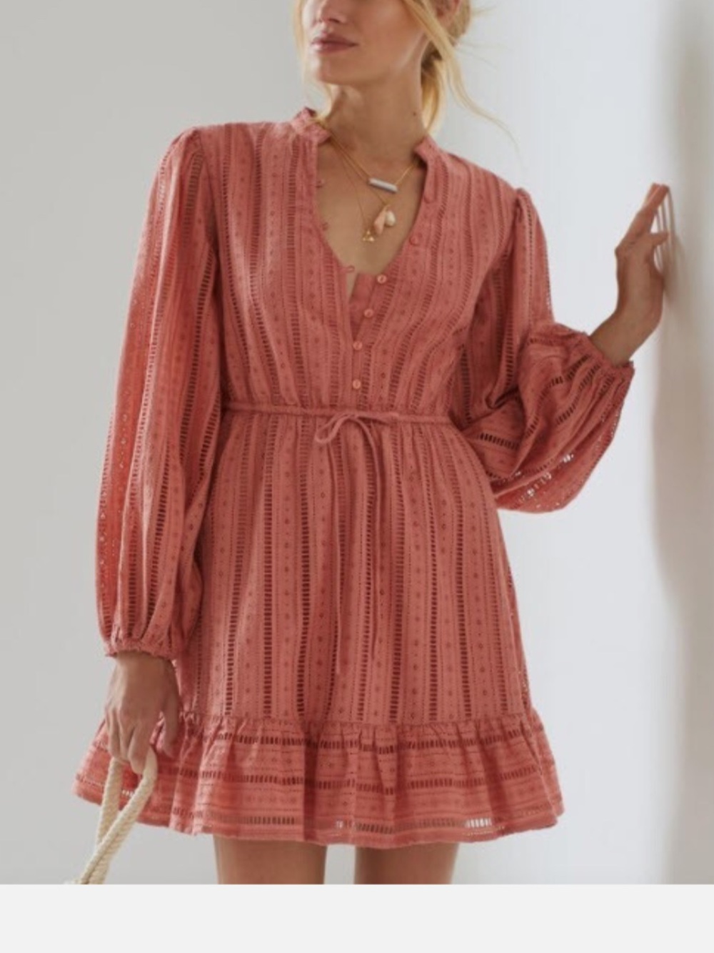 Anthropologie Forever That Girl Woven Eyelet Tie-Waist Dress - Dusty Rose